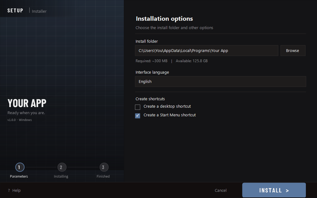 Windows Setup Shell — installation options screen